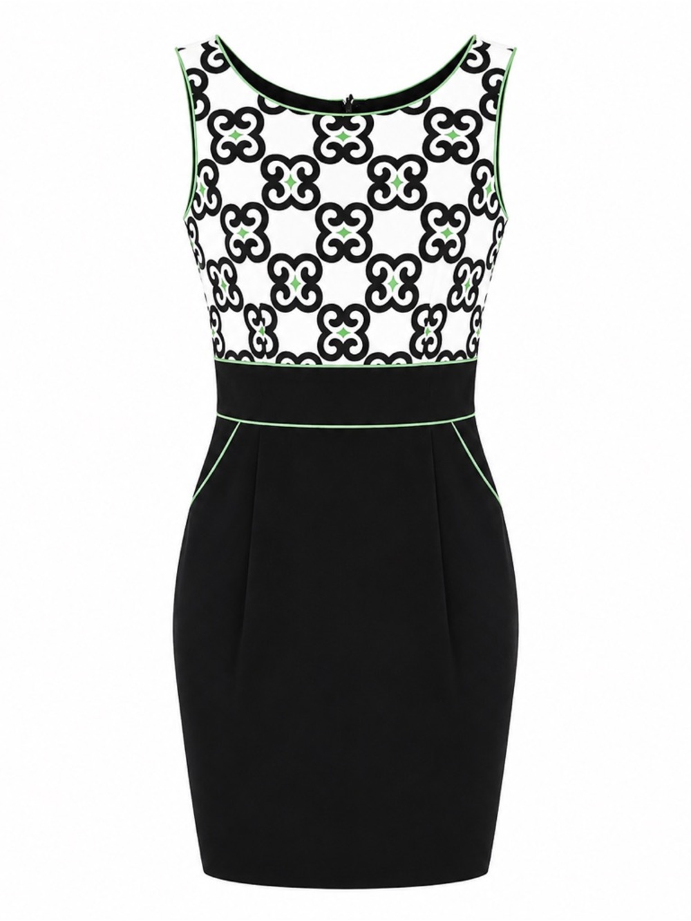 Maggy London Geometric Chain Print Sheath Dress Black Green Cotton Womens Size 8